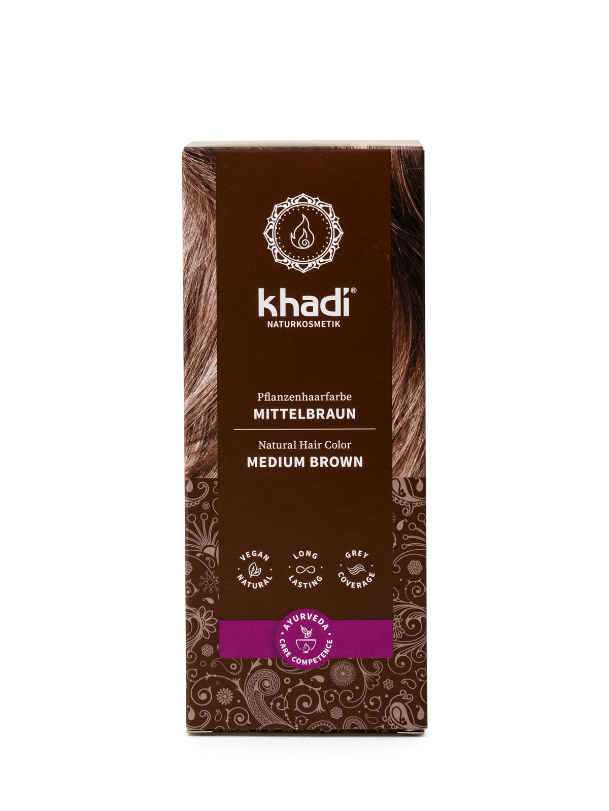 KHADI Medium Brown packaging shows plant-based color for vibrant, natural-looking hair.