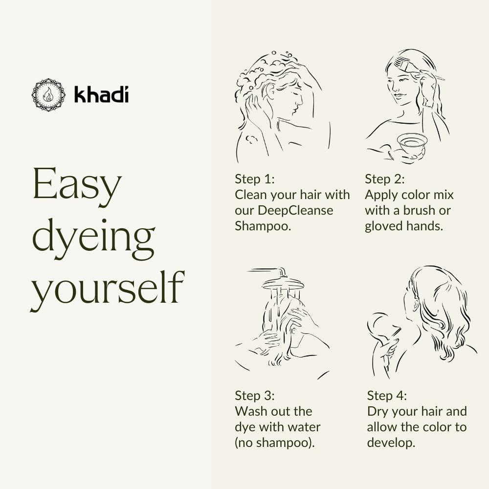 KHADI Natural Hair Color application process shot showing simple home use steps.