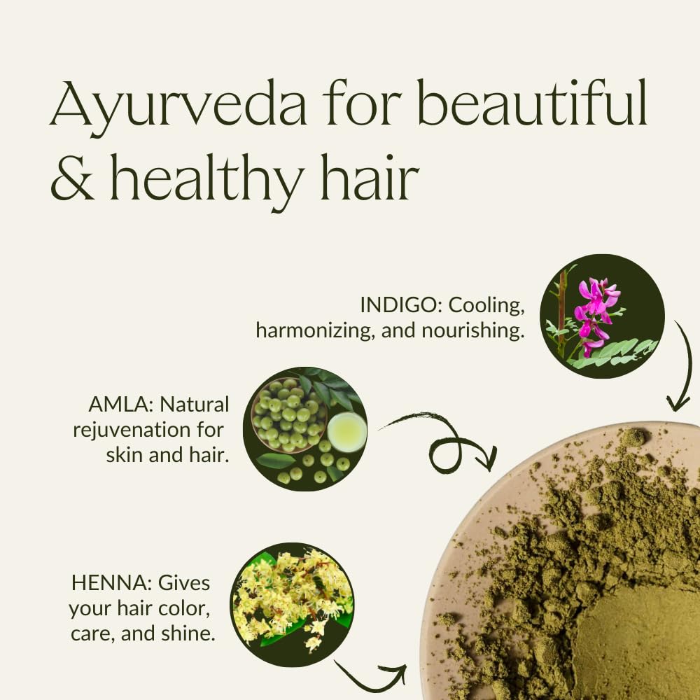 KHADI Natural Hair Color Ayurvedic cosmetics reference with Henna and Indigo pigments.
