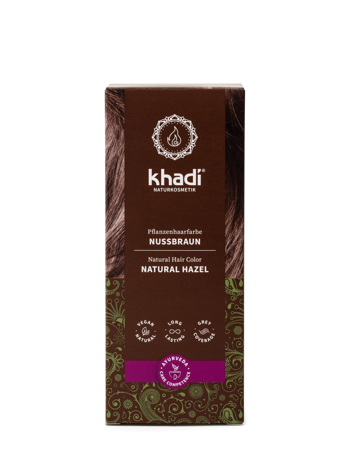 KHADI Natural Hair Color henna-indigo bottle shows authentic herbal application and color development.