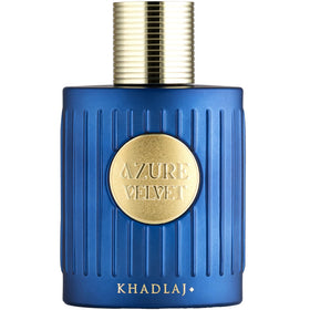 Khadlaj Azure Velvet bottle close-up, highlighting unisex luxury for daily wear and special occasions.