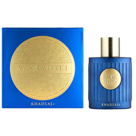 Khadlaj Azure Velvet wearer applying fragrance, offering elegant profile and versatile day-to-night use.
