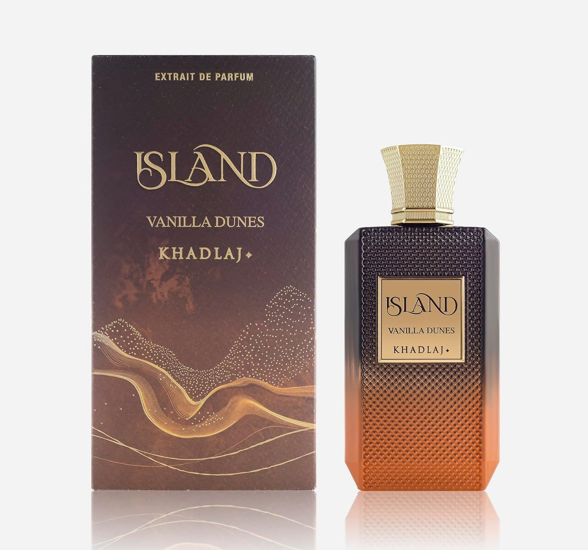 Khadlaj Island Vanilla Dunes bottle showcases premium extrait for long-lasting presence.