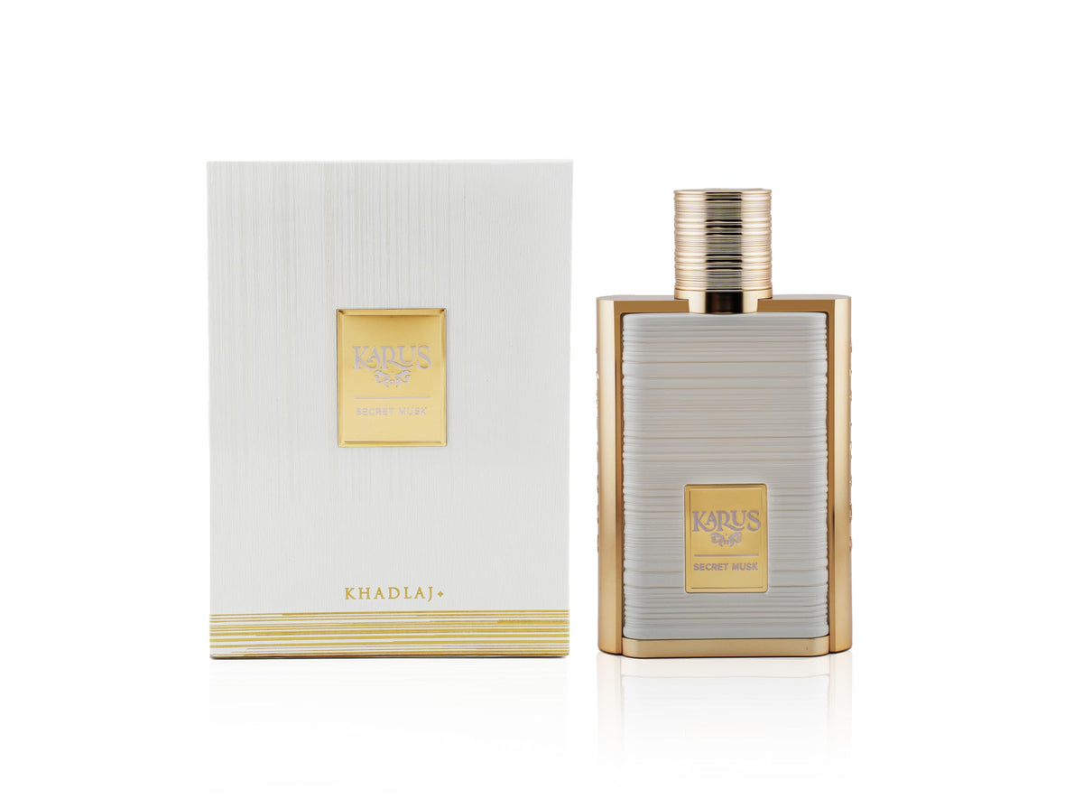 Khadlaj Karus Secret Musk bottle front with elegant, mysterious design.