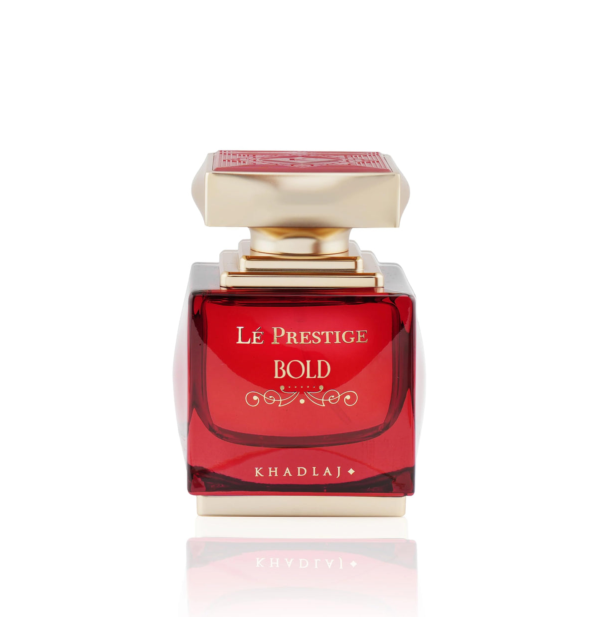 Khadlaj Lé Prestige Bold bottle highlighting top notes of bergamot, coconut, and saffron for a vibrant opening.