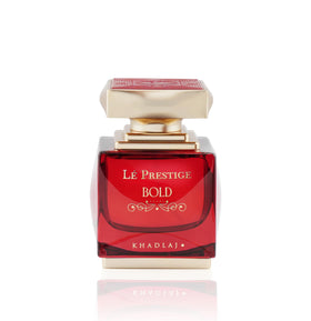 Khadlaj Lé Prestige Bold bottle highlighting top notes of bergamot, coconut, and saffron for a vibrant opening.