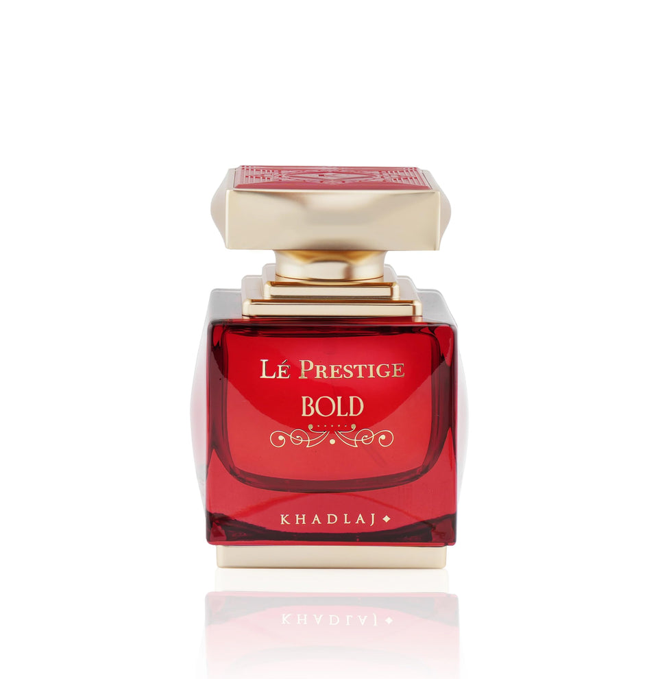 Khadlaj Lé Prestige Bold bottle highlighting top notes of bergamot, coconut, and saffron for a vibrant opening.