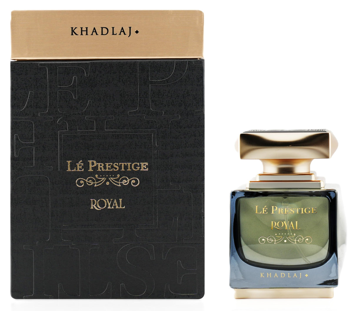 Khadlaj Le Prestige Royal bottle back, dual-tone finish for on-shelf elegance