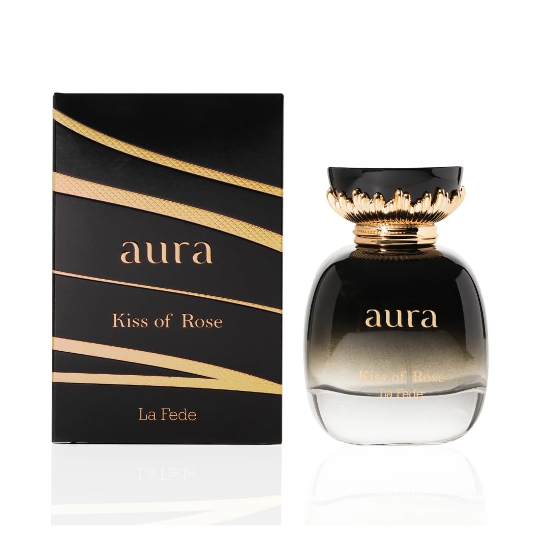 KHADLAJ PERFUMES La Fede Aura Kiss of Rose bottle on display for elegant evenings