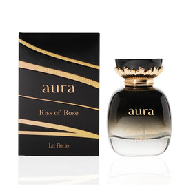 KHADLAJ PERFUMES La Fede Aura Kiss of Rose bottle on display for elegant evenings