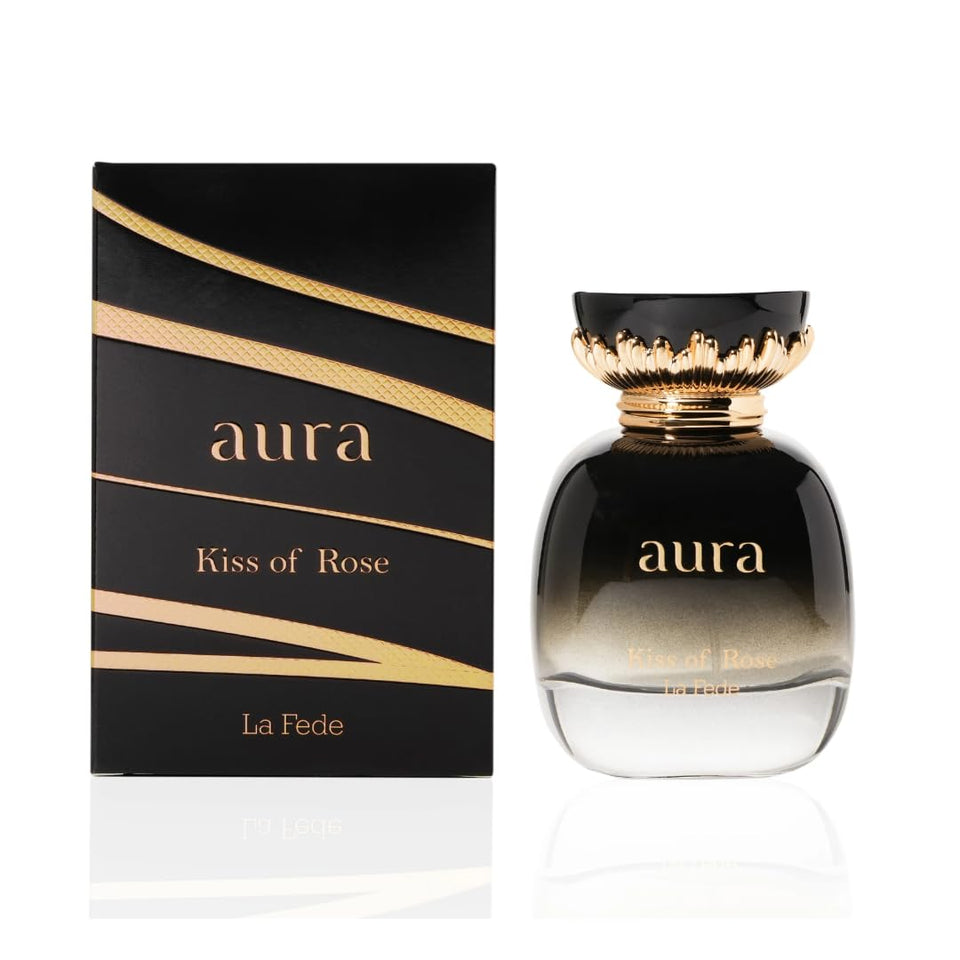 KHADLAJ PERFUMES La Fede Aura Kiss of Rose bottle on display for elegant evenings