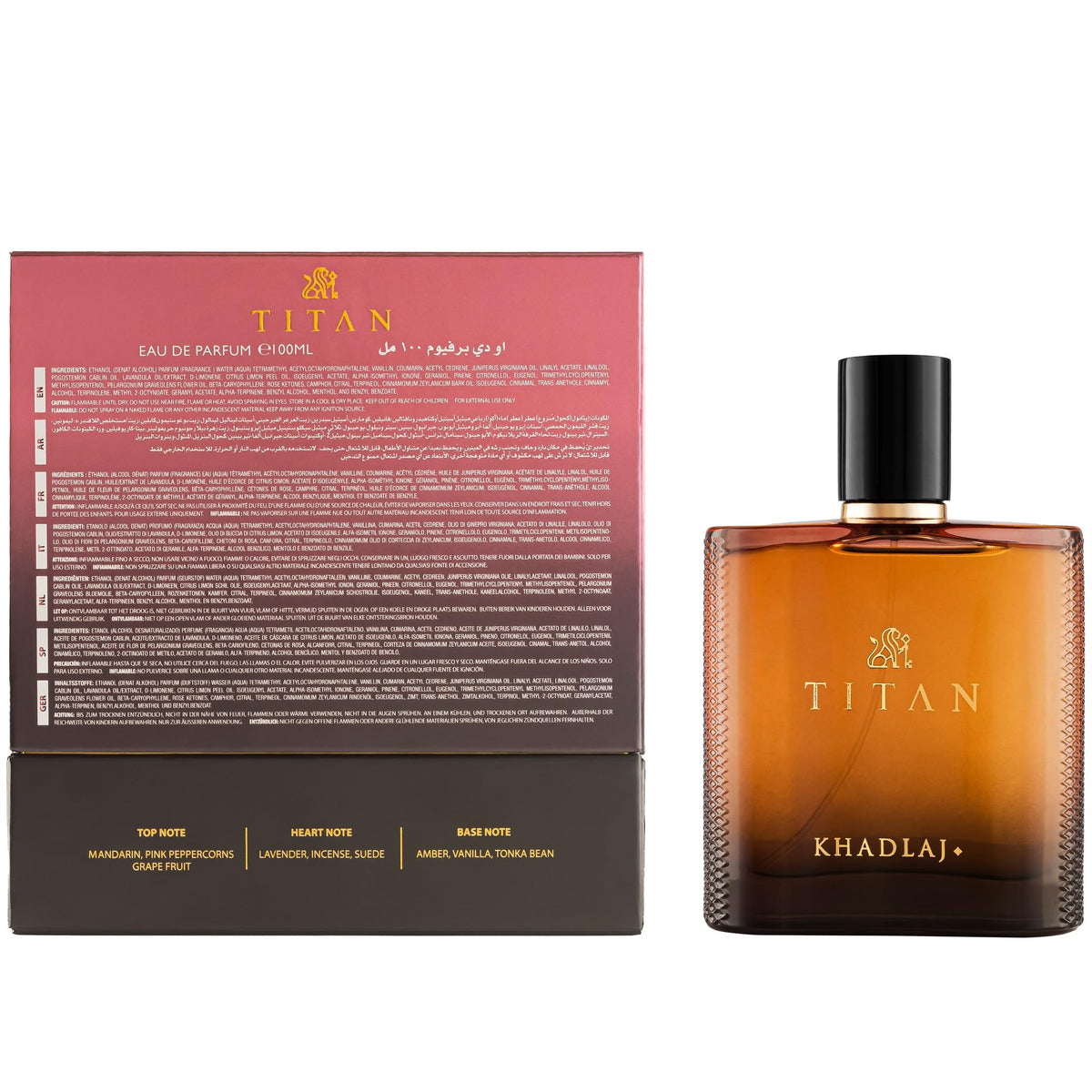 Khadlaj Titan heart notes emphasize lavender and incense for refined depth.