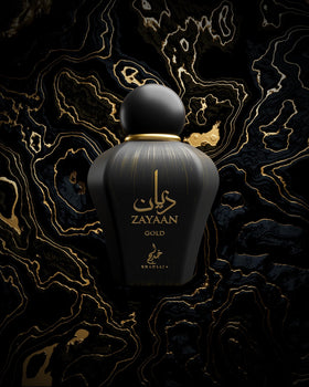 Khadlaj Zayaan Gold bottle on a shelf signaling confident everyday wear