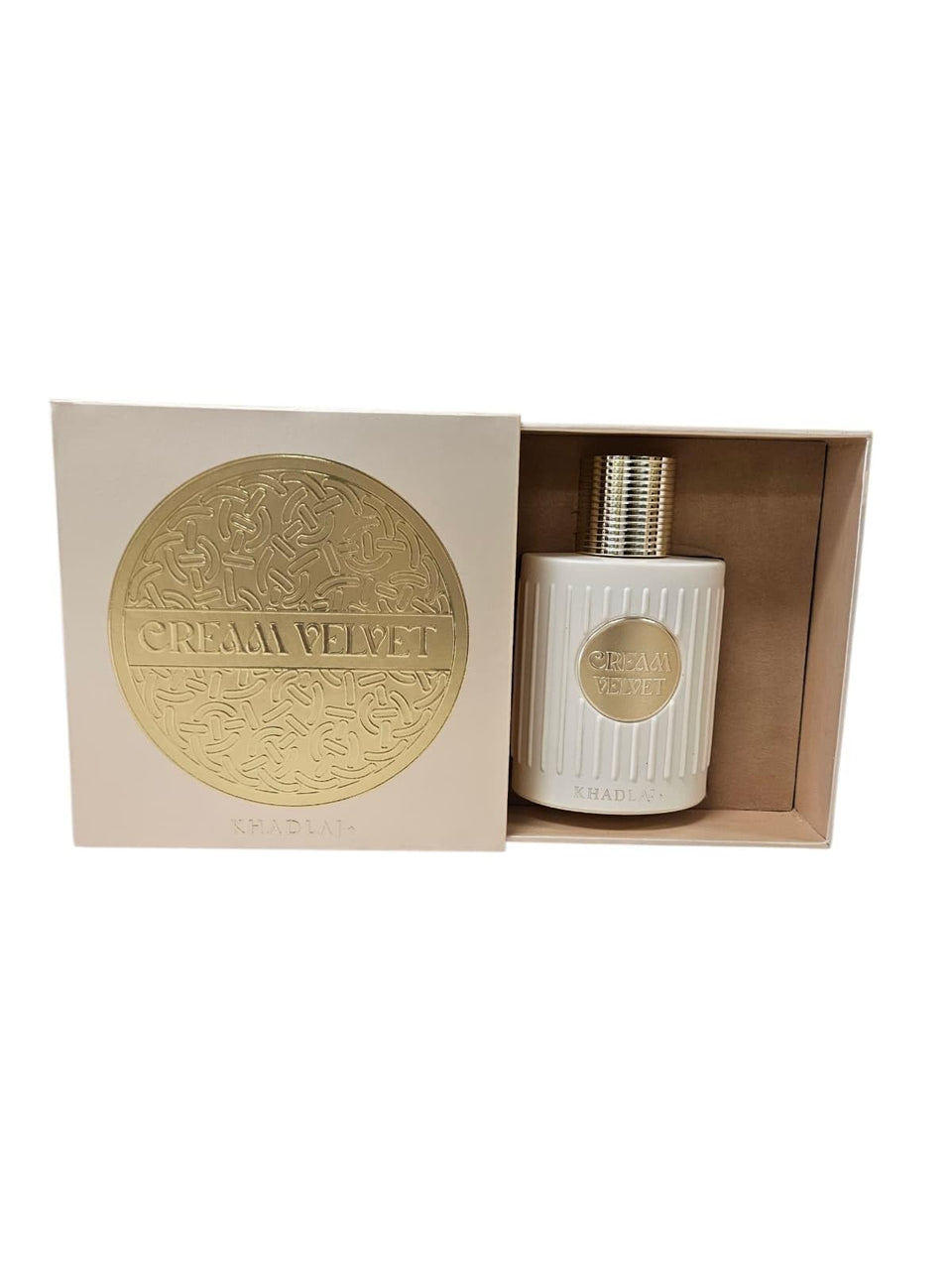 KHADLAJ PERFUMES Cream Velvet bottle front showcases luxe gourmand vibe.