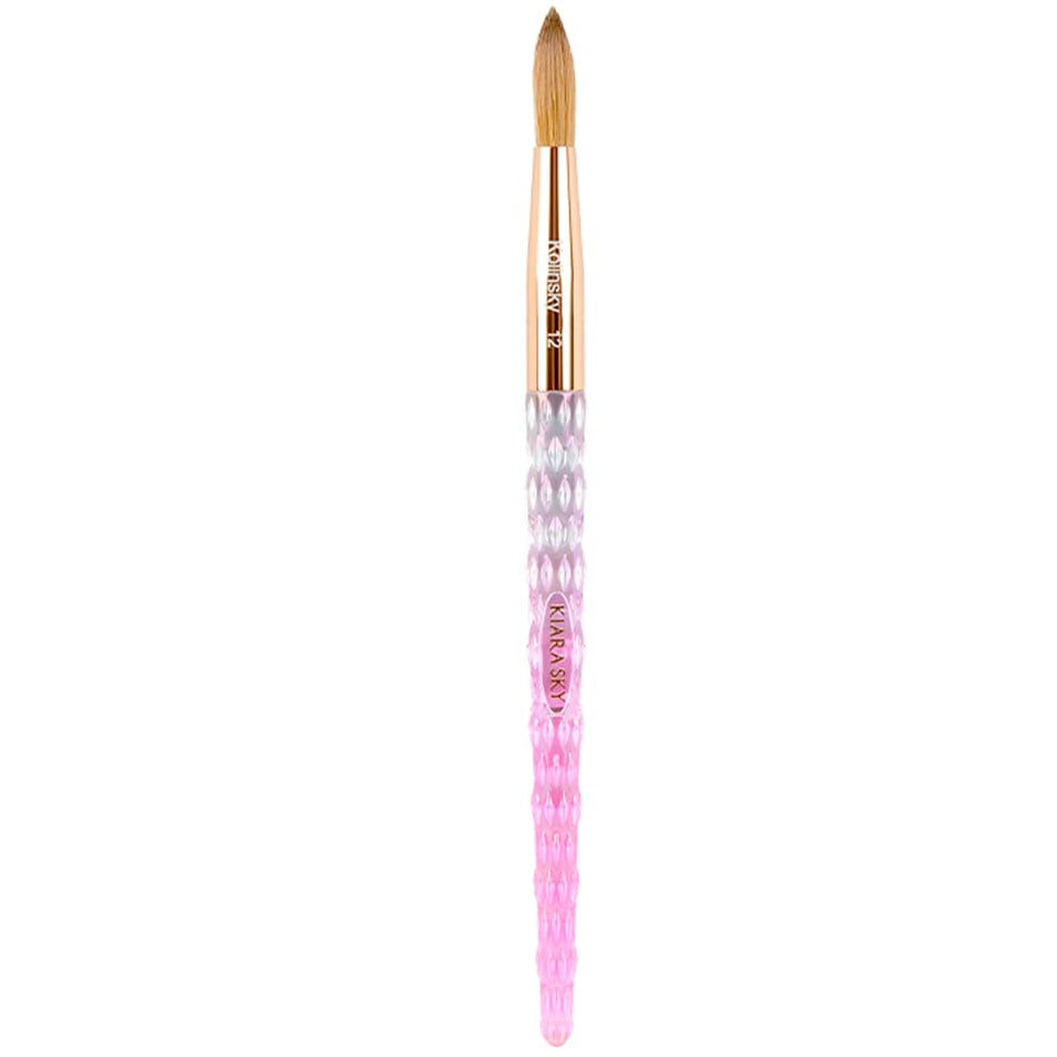 Kiara Sky Kolinsky Brush #12 with pink crystal handle for precise acrylic bead pickup.