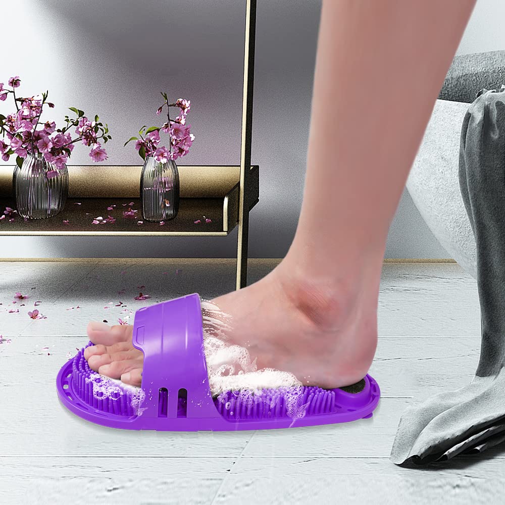 Kibhous purple foot scrubber in a standard shower setup.