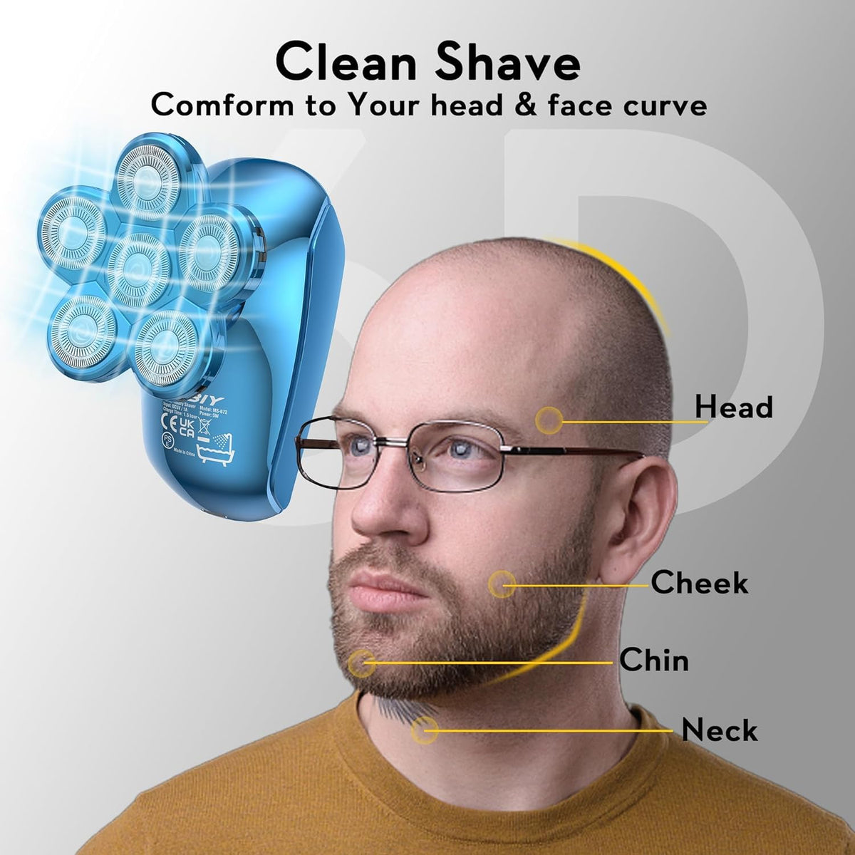 Kibiy 6-blade design delivers efficient shaving on bald skin.