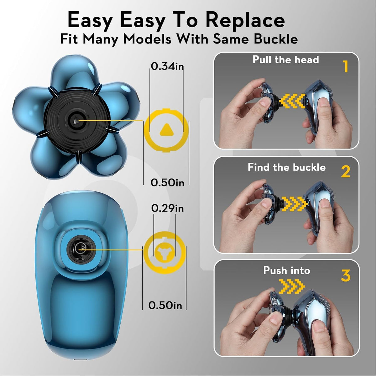 Kibiy replacement head featuring hypoallergenic stainless steel blades for sensitive skin.