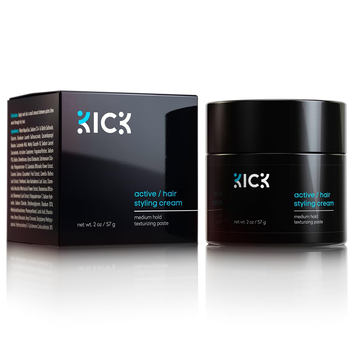 Kick Active Hair Cream bottle front view showing sleek packaging and clean lines for non-greasy hold