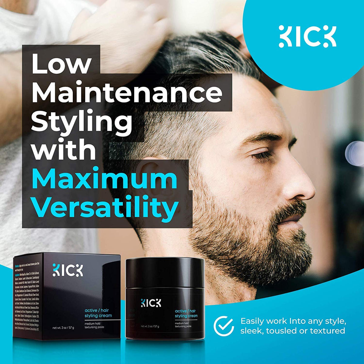 Visual greying toned down by Kick Active Hair Cream’s thickening action