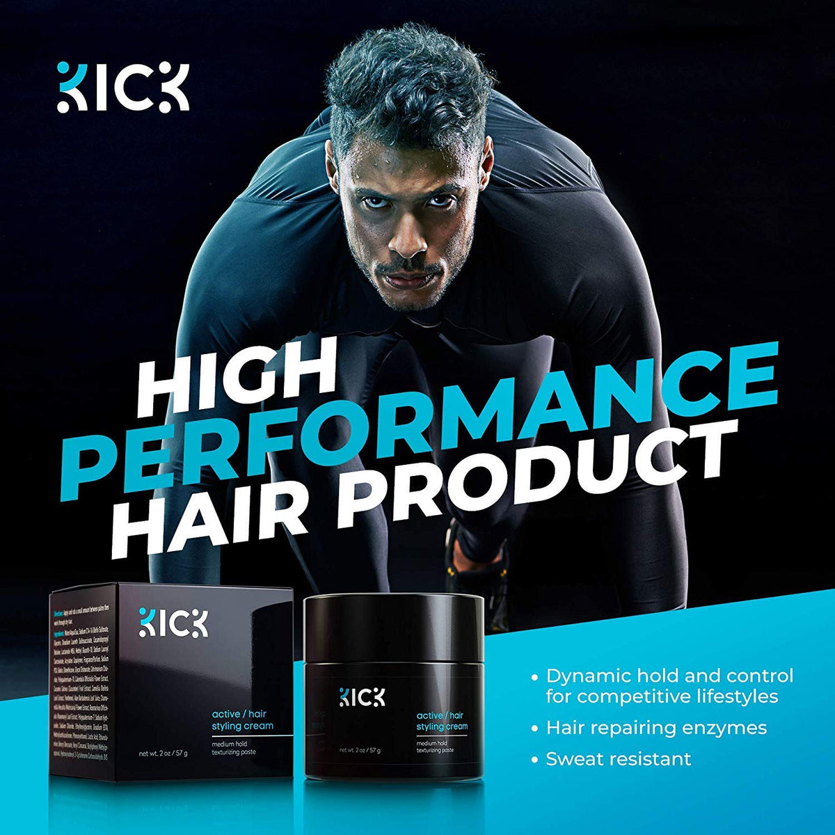 Athletic action with Kick Active Hair Cream delivering strong hold during sport