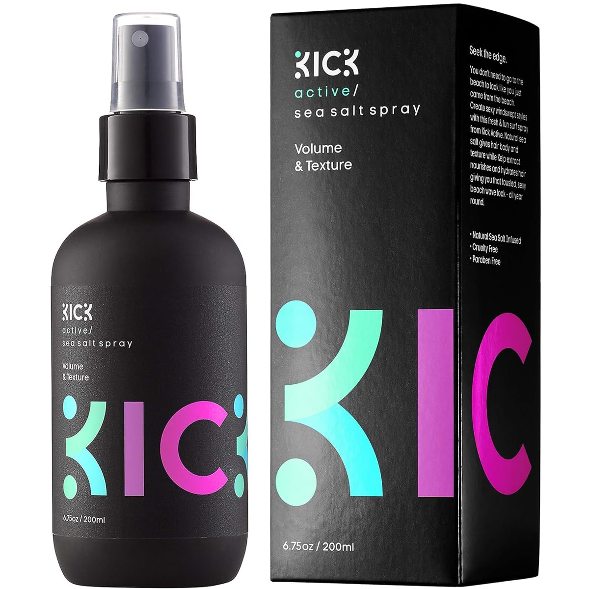 Kick Sea Salt Spray bottle front view for effortless beach texture.