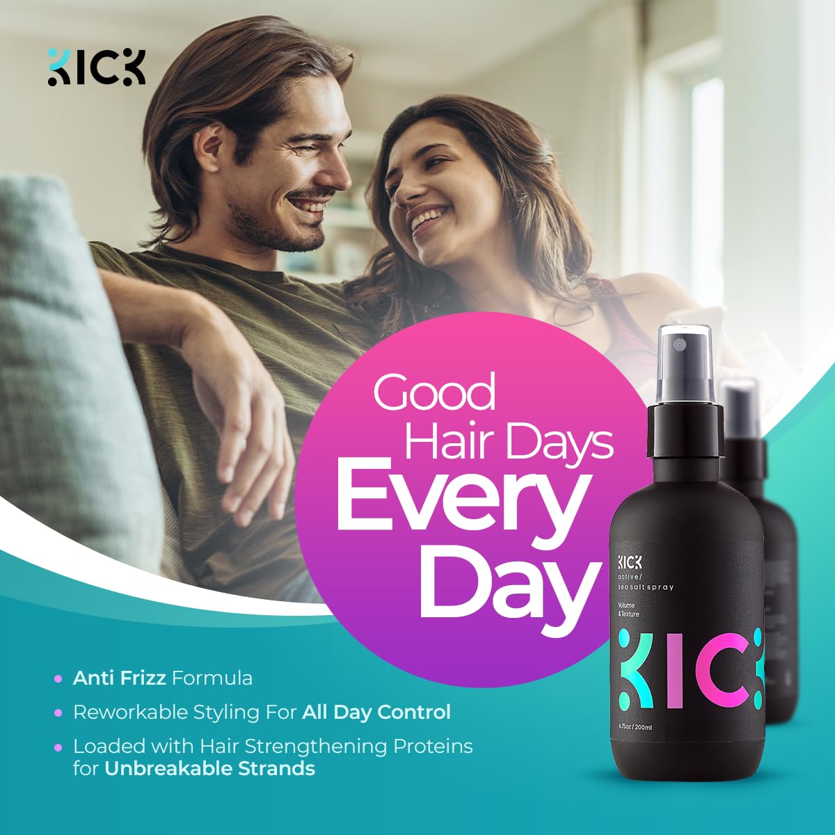 Close-up of Kick Sea Salt Spray mist on wet hair forming waves.