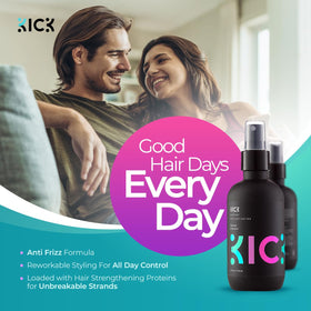 Close-up of Kick Sea Salt Spray mist on wet hair forming waves.