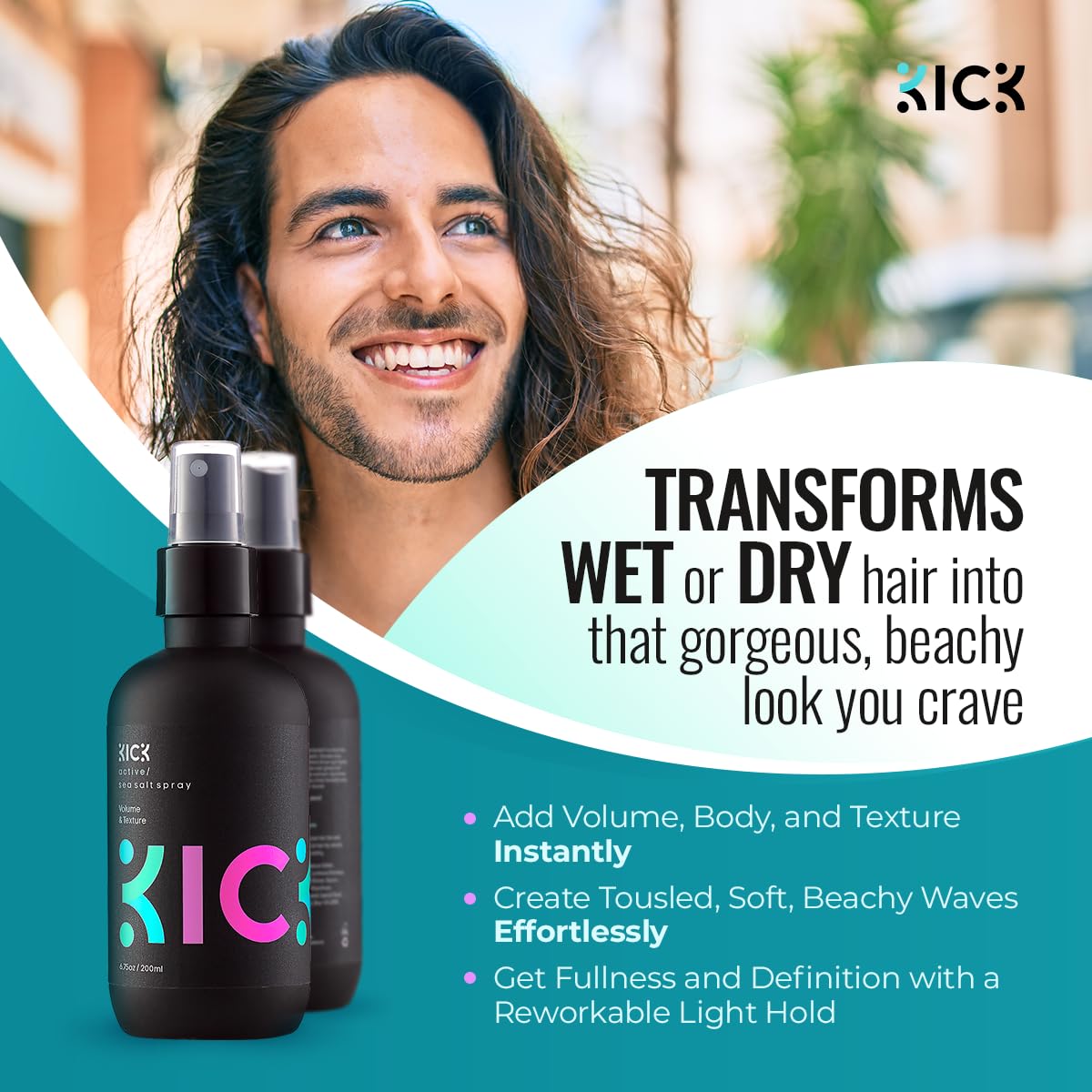 Hands applying Kick Sea Salt Spray to damp hair for volume.