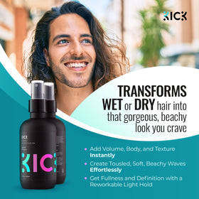 Hands applying Kick Sea Salt Spray to damp hair for volume.