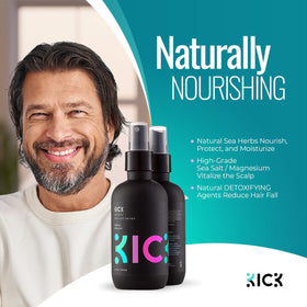 Kick Sea Salt Spray packaging beside eco-conscious branding.
