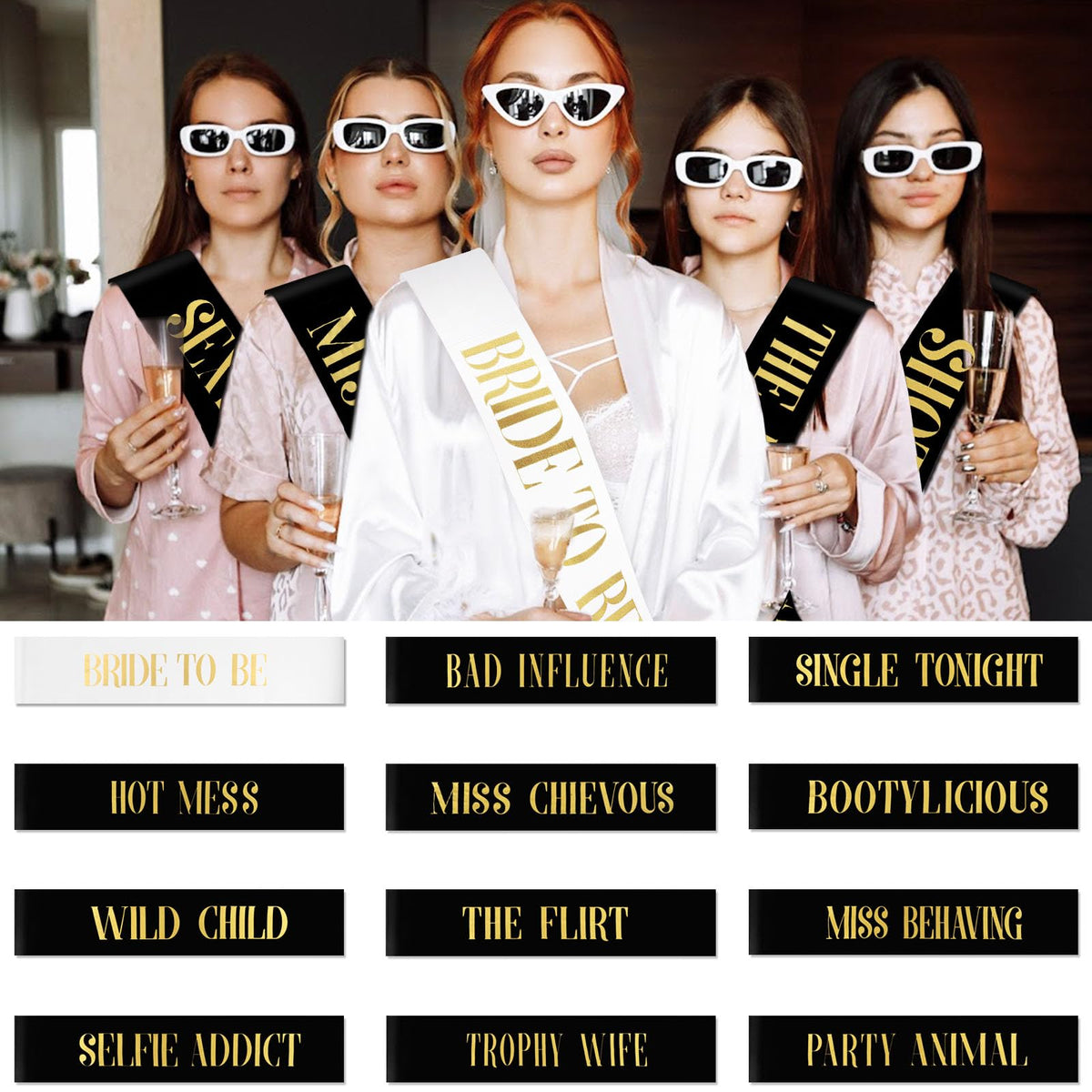 KICOSY black bridesmaid sash with gold lettering for standout party photos