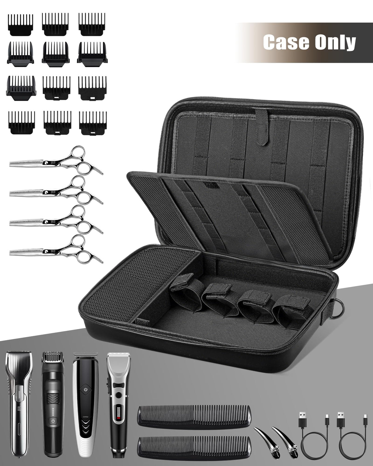 KiddoCraze barber bag storage compartments keep 4 clippers and guards organized during travel.