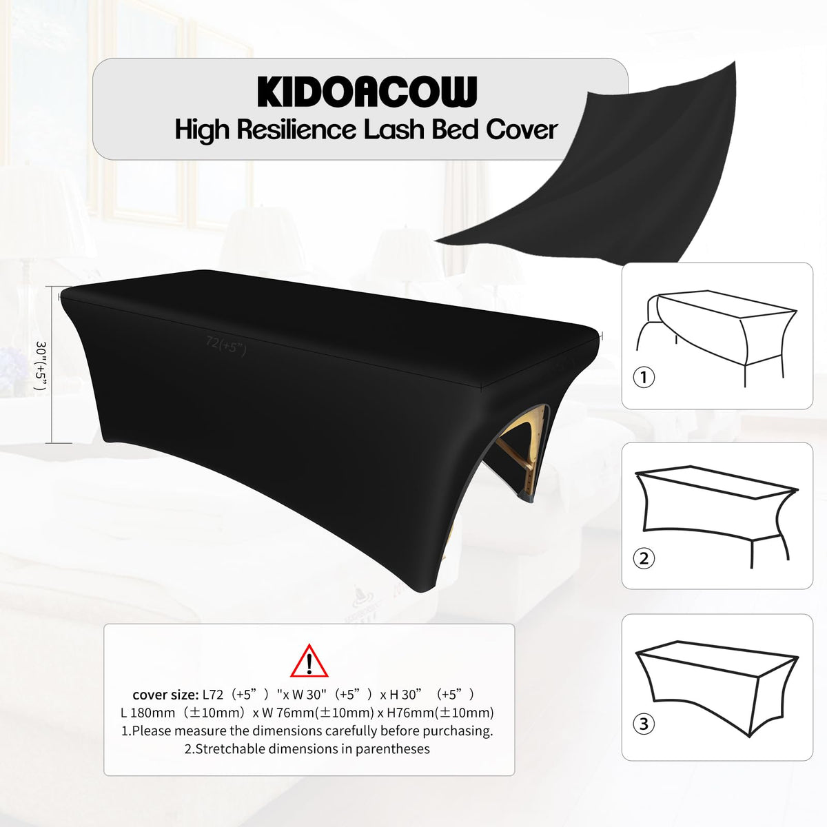 Stretchy cover fits 72x30x30 inch beds for lash and massage