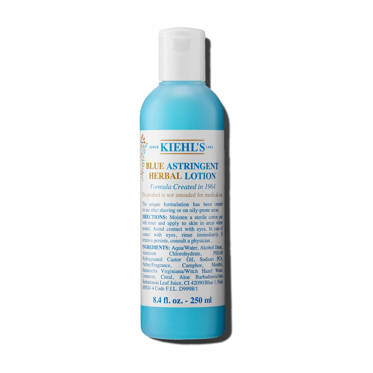 Kiehl's Blue Astringent Herbal Lotion bottle showing its cooling toning action