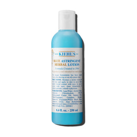 Kiehl's Blue Astringent Herbal Lotion bottle showing its cooling toning action