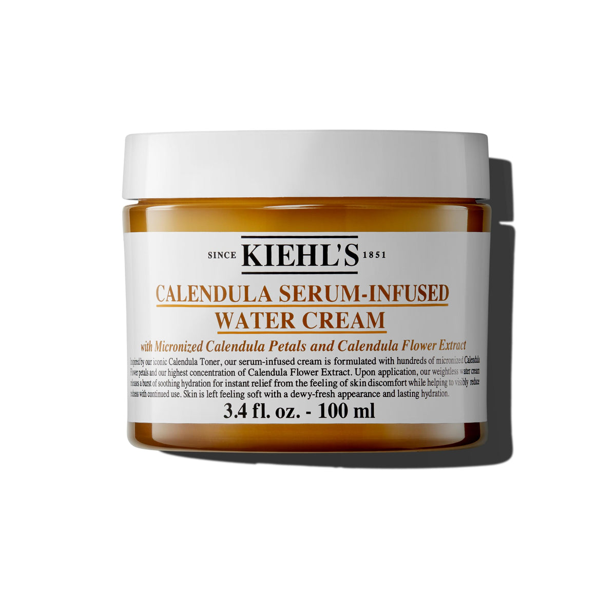 Kiehl's Calendula Serum-Infused Water Cream close-up tube showing 24-hour hydration.