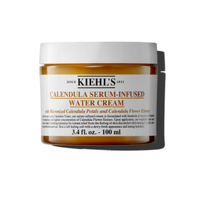 Kiehl's Calendula Serum-Infused Water Cream close-up tube showing 24-hour hydration.