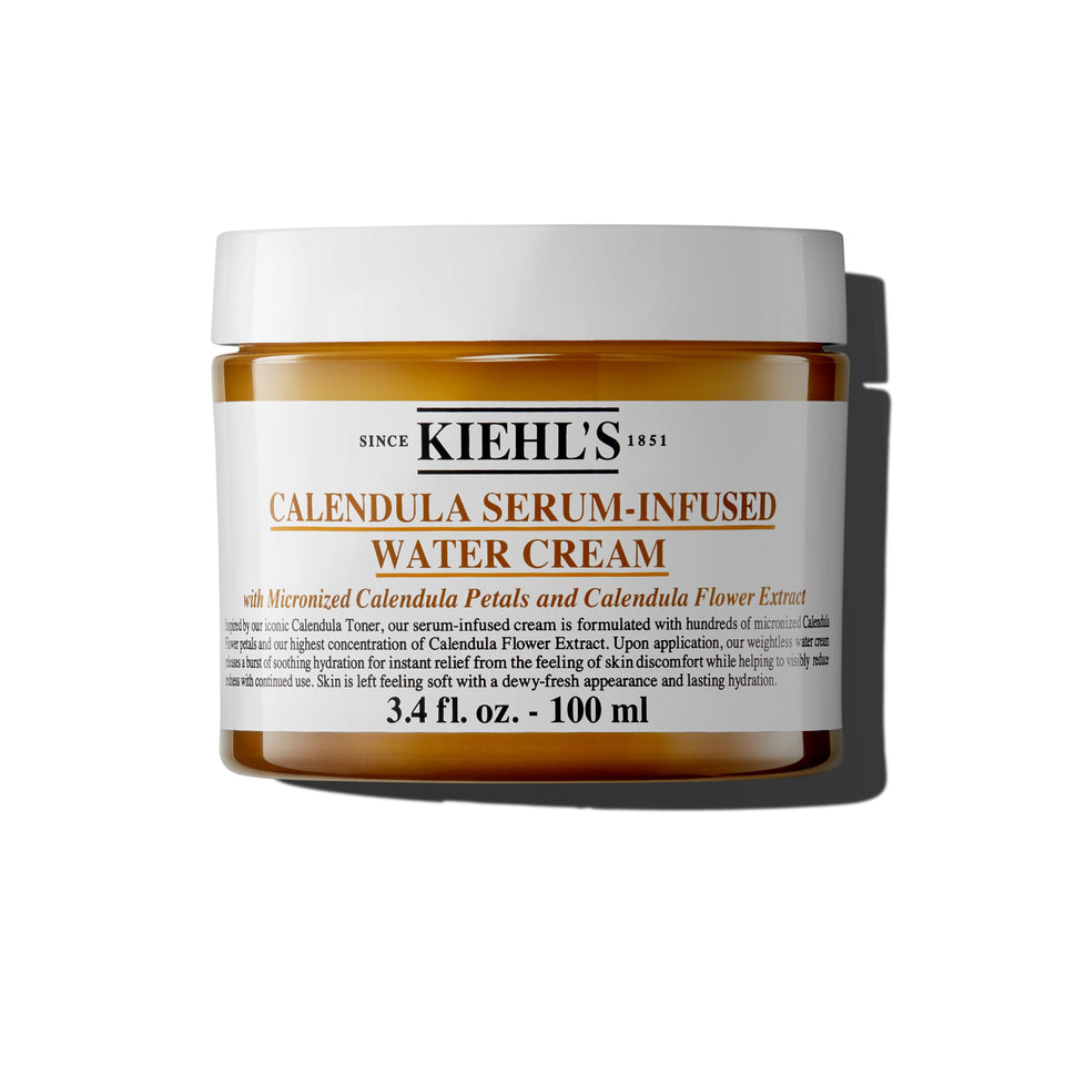 Kiehl's Calendula Serum-Infused Water Cream close-up tube showing 24-hour hydration.