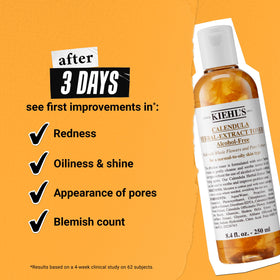 Packaging of Kiehl's Calendula toner highlighting fragrance-free and paraben-free claims.