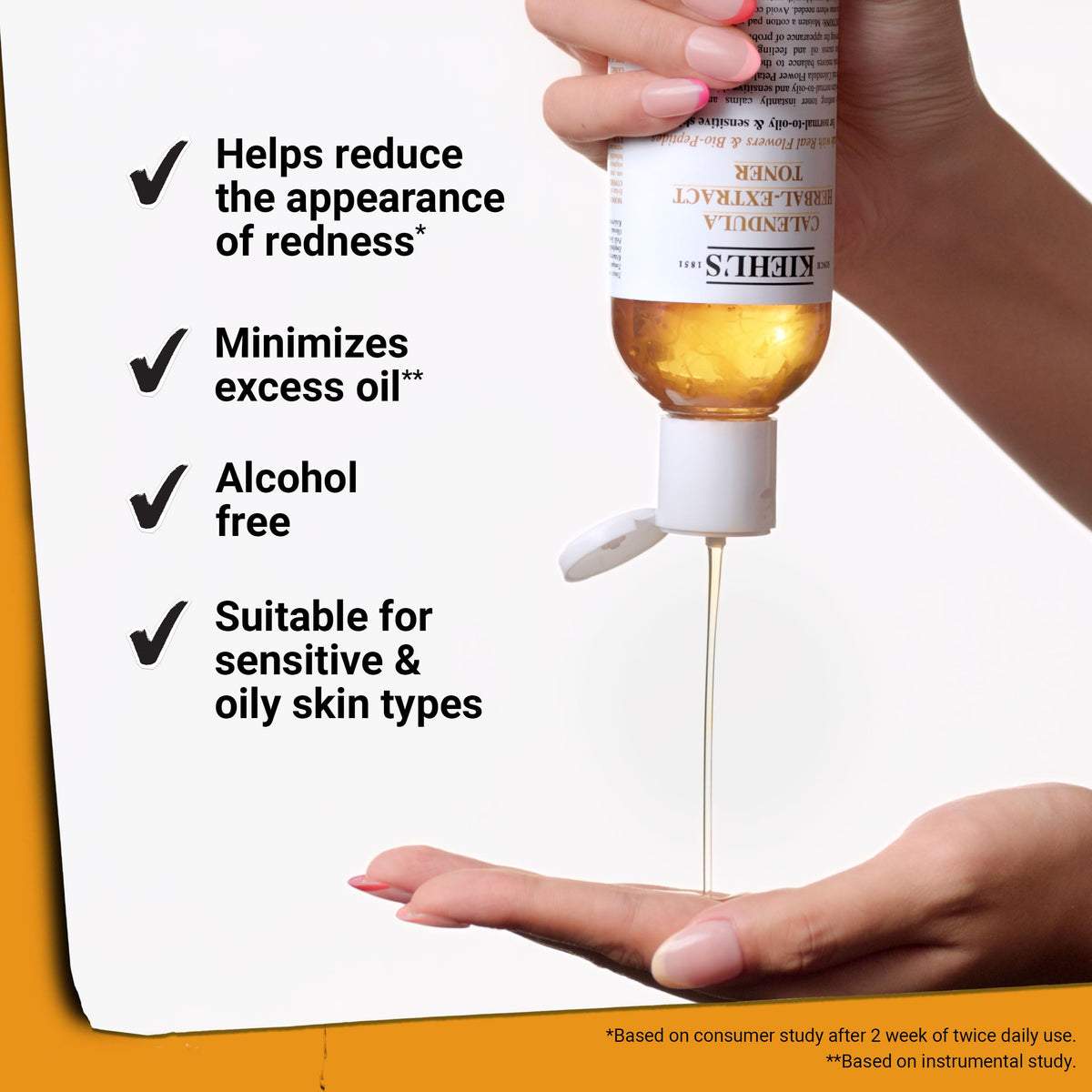 Kiehl's Calendula Toner on a clean shelf beside serums for a gentle routine.