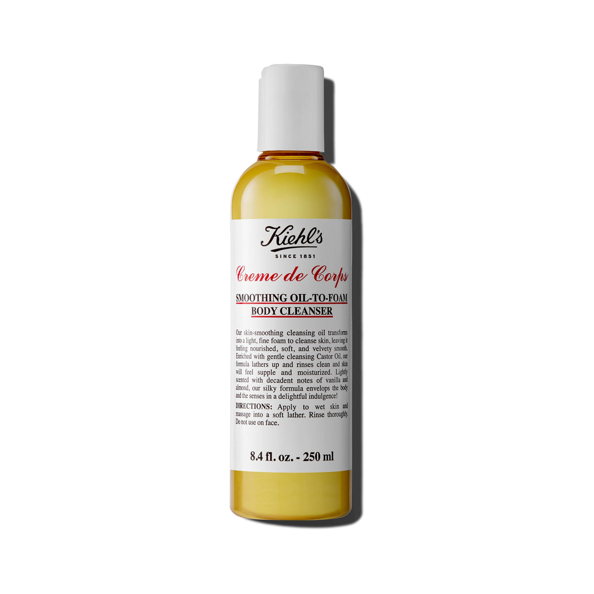 Kiehl's Creme de Corps bottle of oil-to-foam cleanser with vanilla almond scent for silky skin.