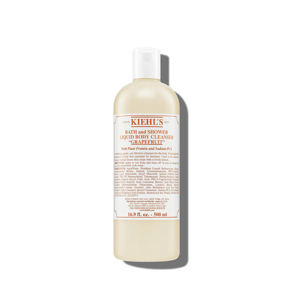 Kiehl's Grapefruit cleanser bottle with refreshing citrus aroma for a revitalizing shower.