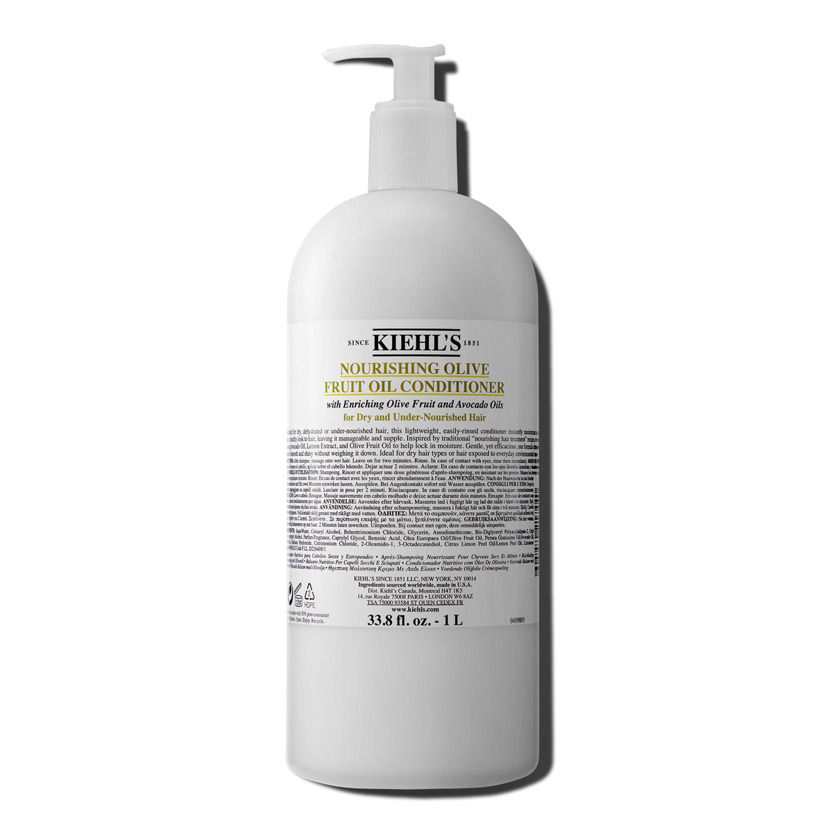 Kiehl's Nourishing Olive Fruit Oil Conditioner bottle showcases premium oils for dry hair nourishment.