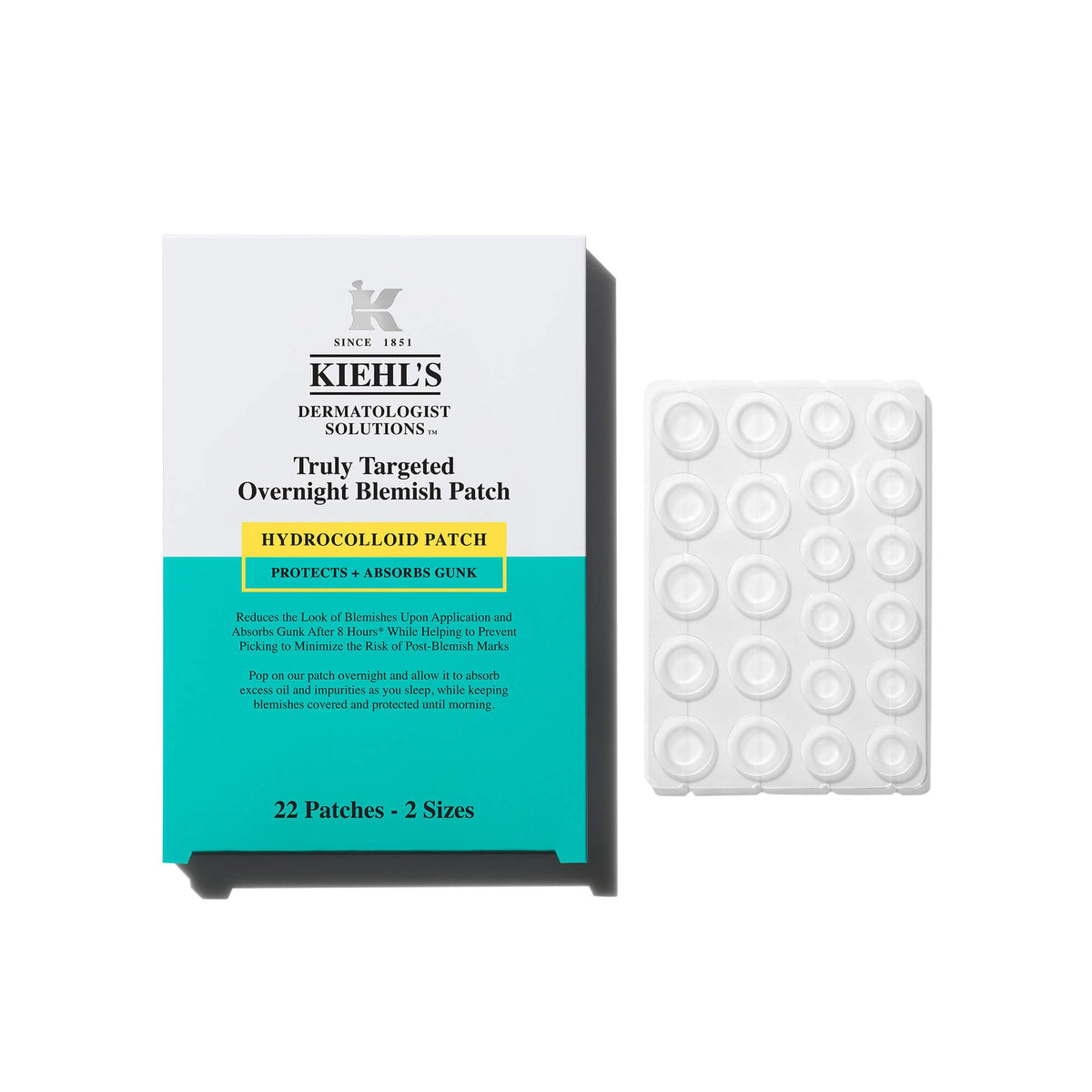 Kiehl's Overnight Pimple Patch shows 12mm and 10mm sizes for precise blemish coverage overnight.