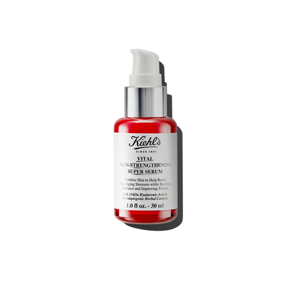 Kiehl's Vital Skin-Strengthening Hyaluronic Acid Serum bottle highlighting hydration for all skin types.