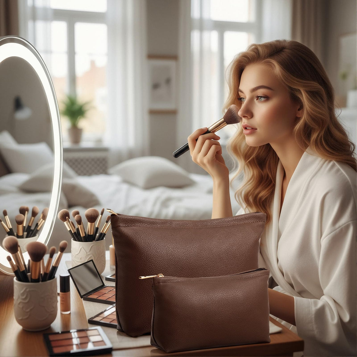 Kigeli brown makeup bag purse multi-use for cosmetics and skincare