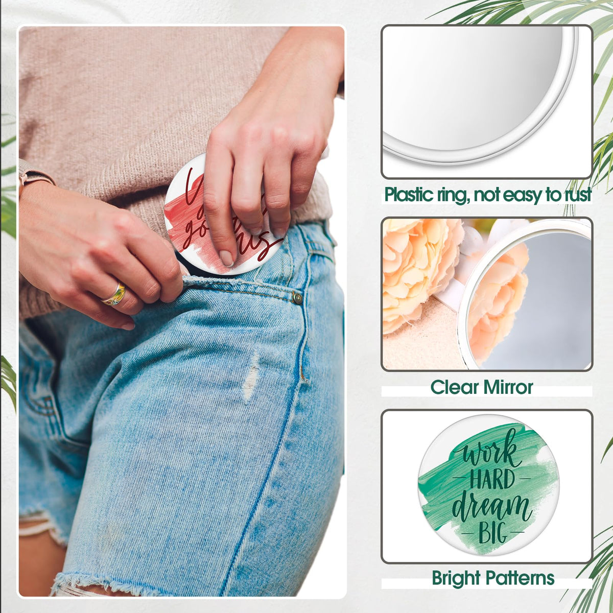 Kigley 2.76-inch compact pocket mirror fits easily in a purse