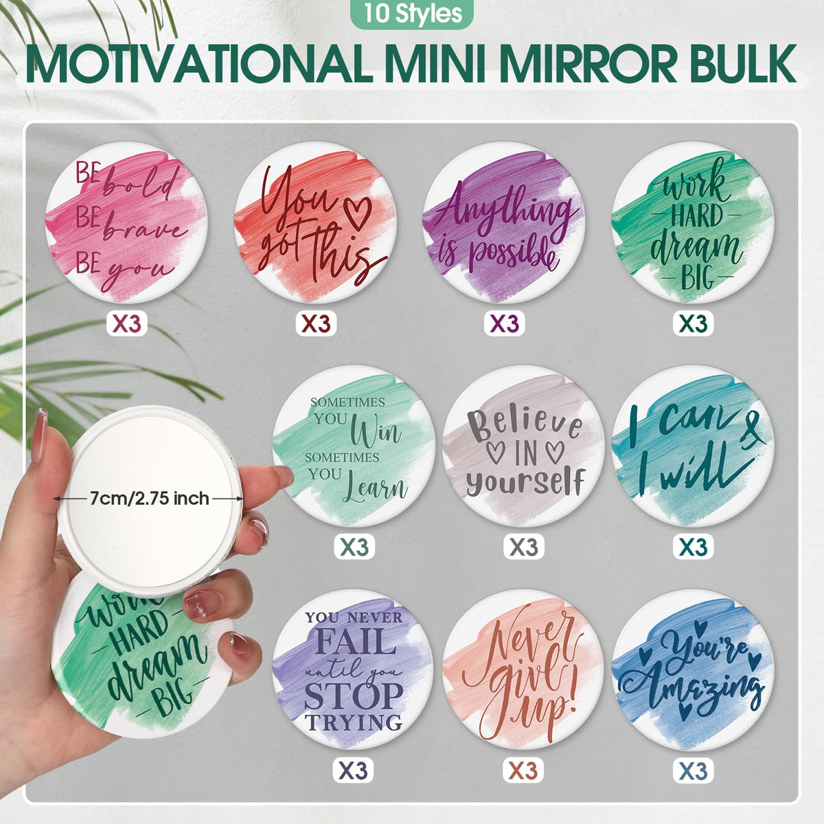 Kigley mirrors feature colorful quotes on the back for daily inspiration