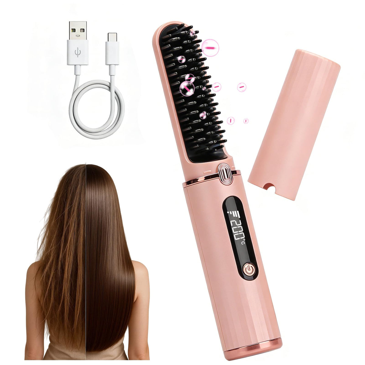 KIIDAS cordless straightener brush front view, compact travel-ready design for on-the-go styling.